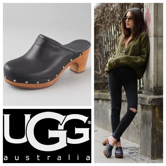 UGG Abbie Sz 9 Wooden Platform Clogs Mules Shoes Black Leather Fur Lined Studded - Picture 1 of 12